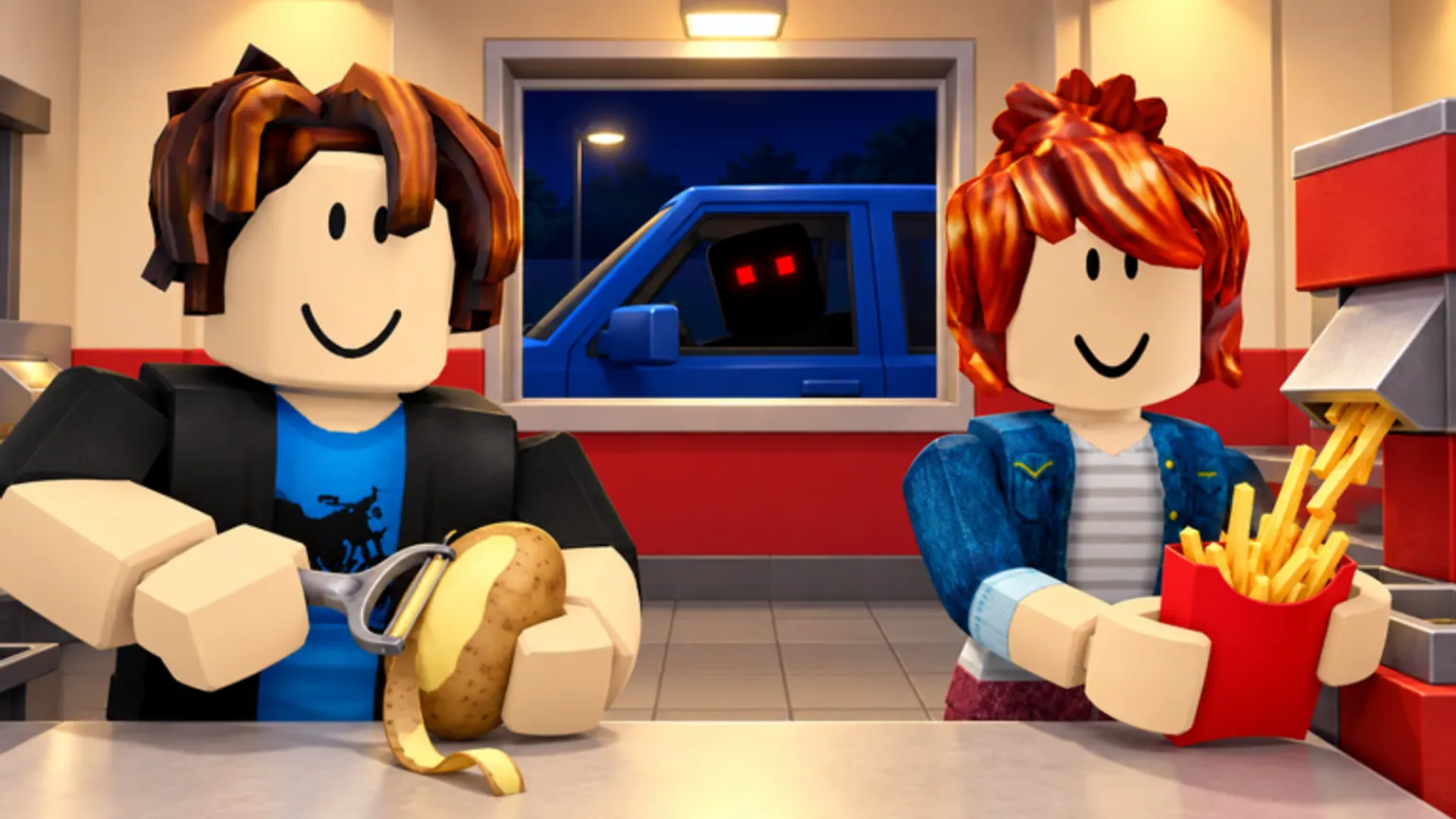 Two players peeling a potato and holding fries inside the Sell Fries drive-thru, with a truck and a pair of red eyes waiting outside at night