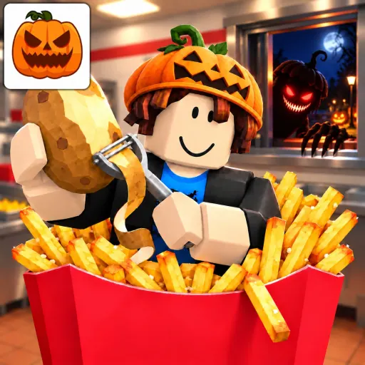 Official Roblox game icon for Sell Fries! [Anomaly]: a potato and a box of fries on a dark background
