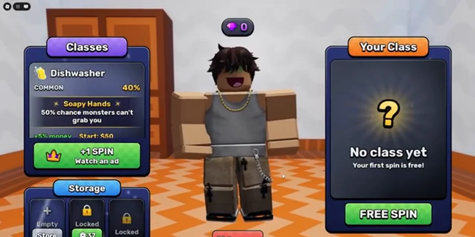 In-game screenshot of the Classes station: a free spin slot, a Dishwasher card at 40% and the Your Class panel
