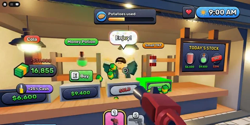 In-game frame: the shop counter at 9:00 AM with Cola, Money Potion, Today's Stock and $6,600 and $9,400 prices