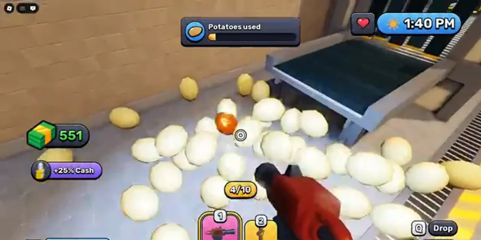 In-game frame: the potato pile outside the shop with the helper robot and conveyor running