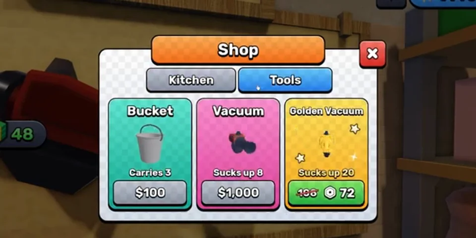 In-game screenshot of the Tools tab of the Shop: Bucket carries 3 for $100, Vacuum sucks up 8 for $1,000 and Golden Vacuum for 198 Robux plus 72